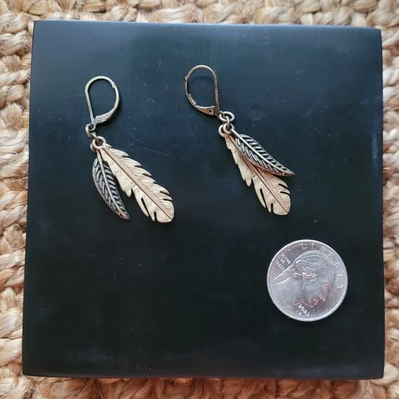 Brassy Layered Feather Dangle Earings, Gold Toned - Picture 2 of 2
